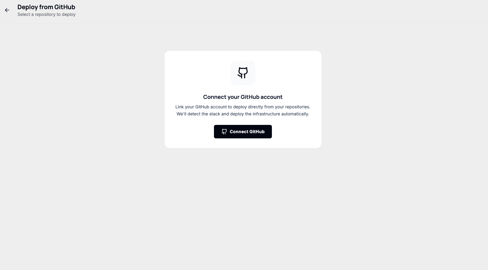 Qeda dashboard GitHub connection screen — connect your GitHub account to deploy directly from your repositories