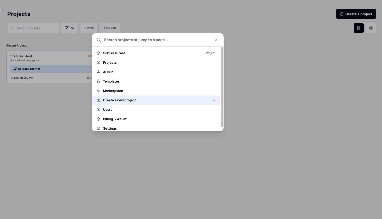 Qeda dashboard Projects page with the command palette open — jump to AI Hub, Templates, Marketplace, Billing & Wallet